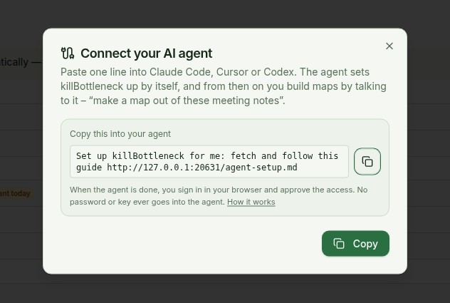 The Connect your AI agent dialog: an explanation, the line to copy with the agent-setup.md link and the Copy button