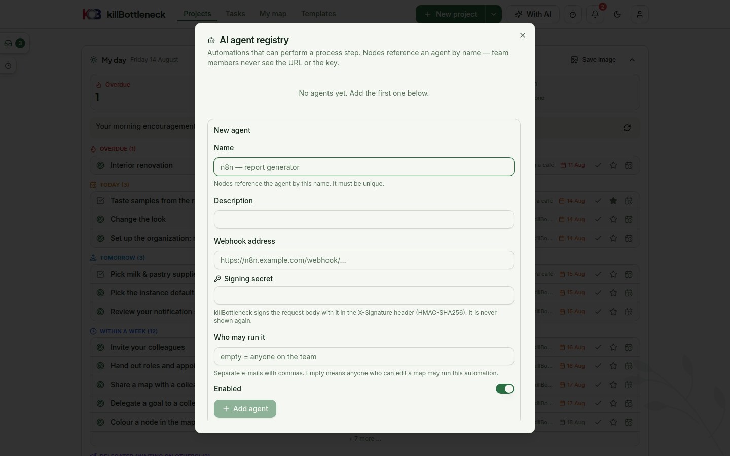 The AI agent registry dialog: a list of automations with webhook address, signing secret and run rights
