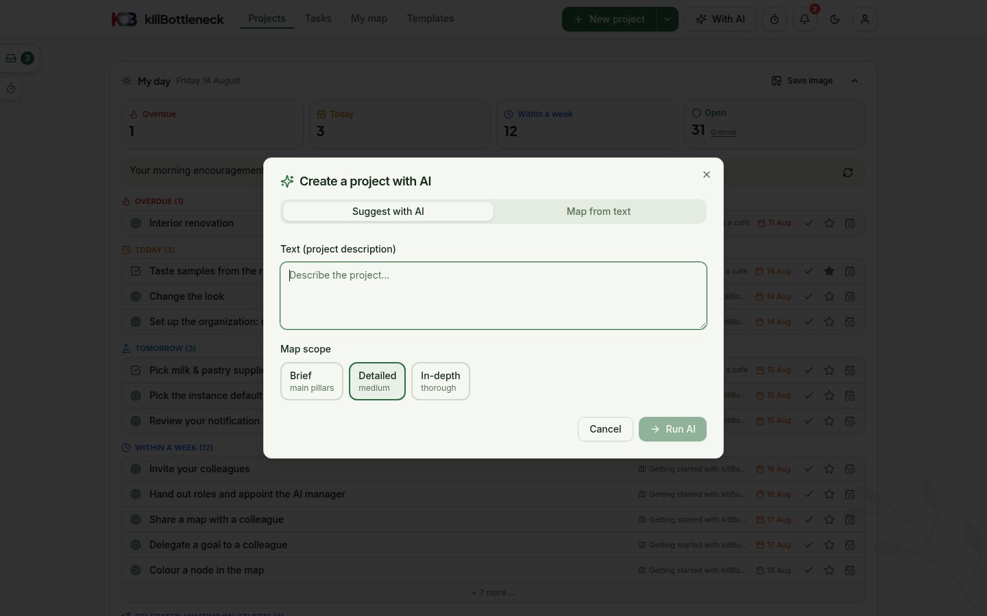 The Suggest with AI dialog: a project description field and the Brief / Detailed / In-depth scope choice