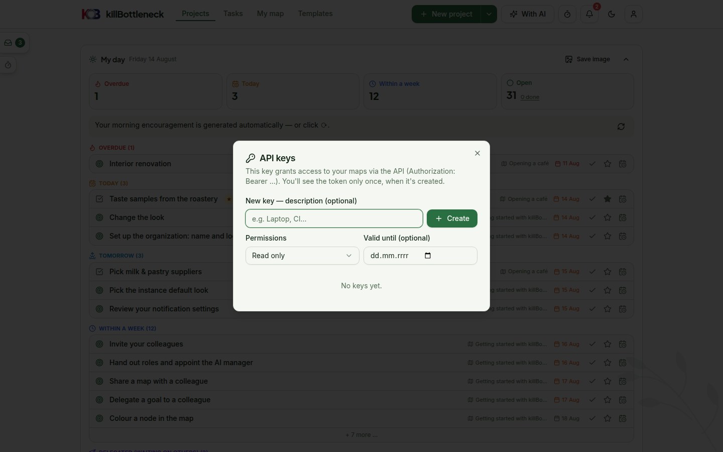 API key management: a read-only key and a read-write key