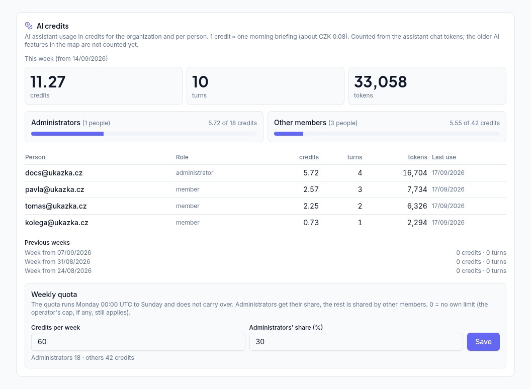 Organization settings → AI credits: tiles for credits, turns and tokens, Administrators and Other members bars, the people table, previous weeks and the Weekly quota fields