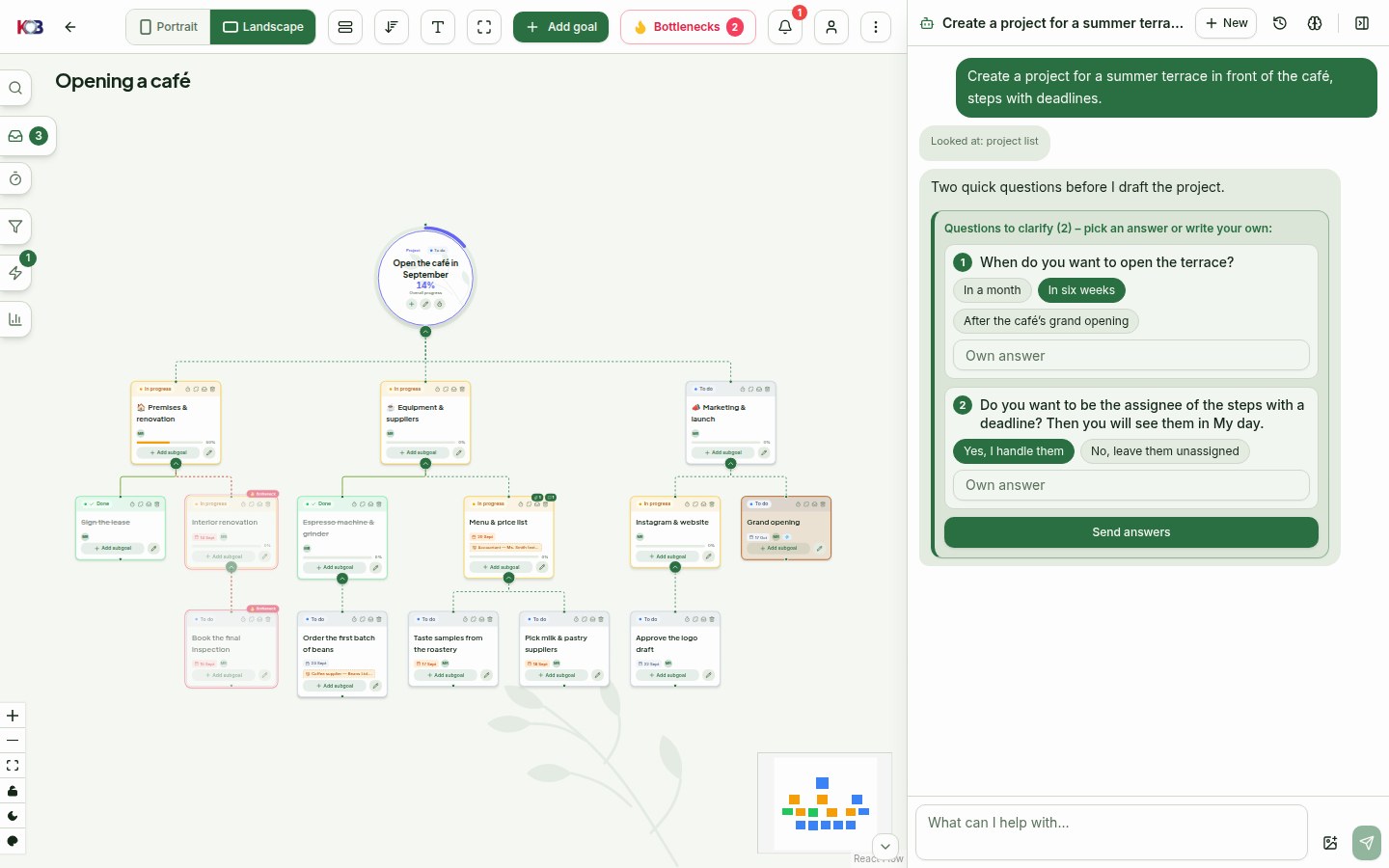 The Questions to clarify (2) block: When do you want to open the terrace? and Do you want to be the assignee of the steps with a deadline? Then you will see them in My day. — with selected answers, Own answer fields and the Send answers button