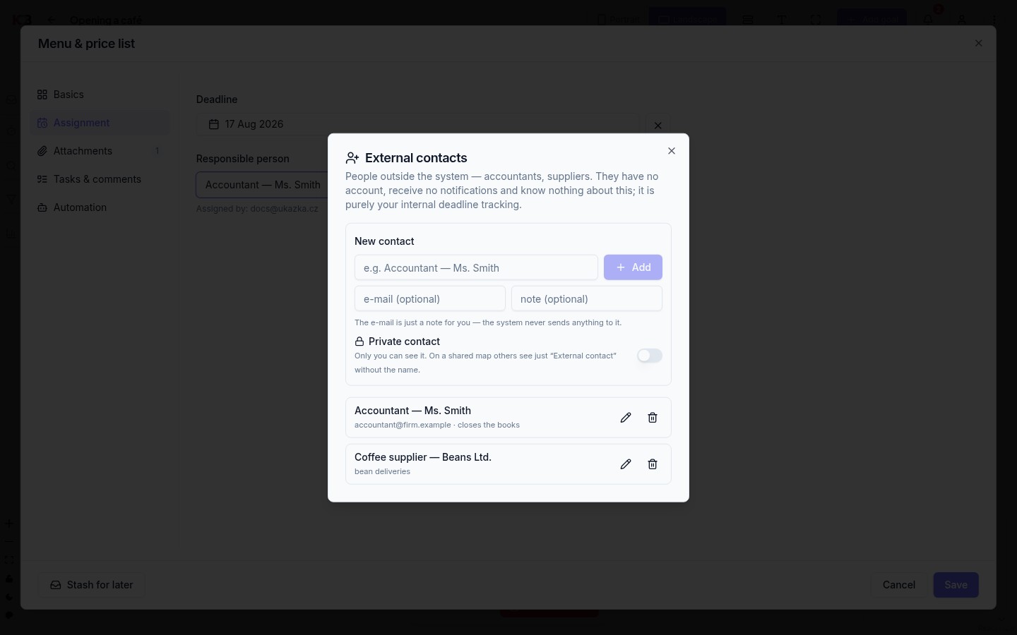 External contacts dialog: new contact (name, e-mail, note), a Private contact switch and the list of contacts