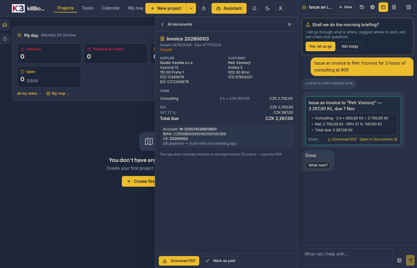 The assistant: the card of an issued invoice with Download PDF and Open in Documents buttons