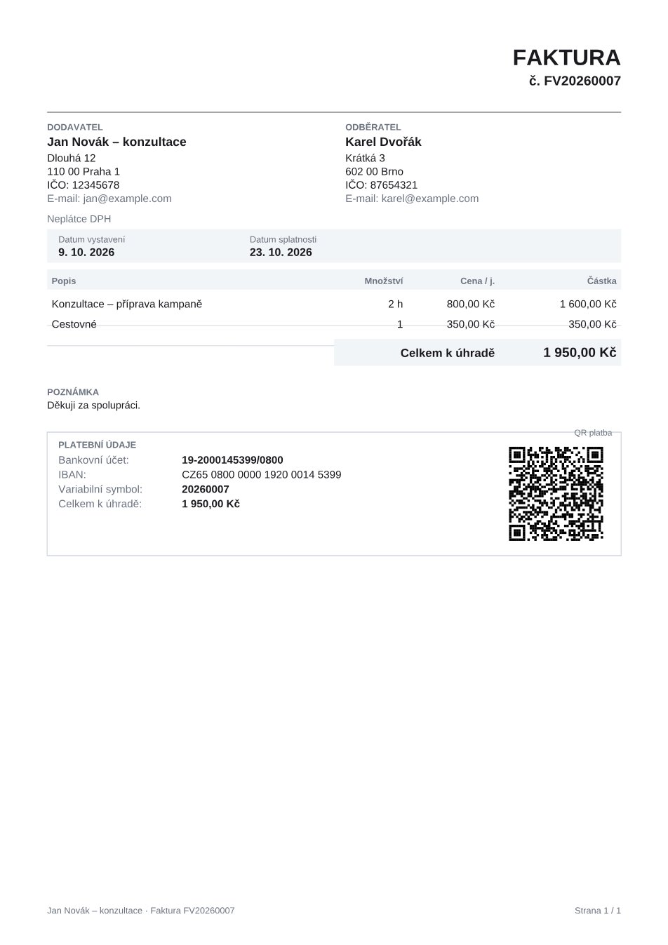 A sample invoice PDF: supplier and customer, items, total due and payment details with a QR code