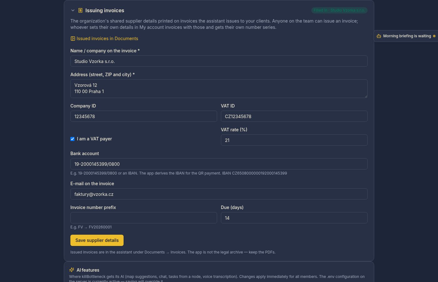 Organization settings: the Issuing invoices section with the supplier details and a link to issued invoices