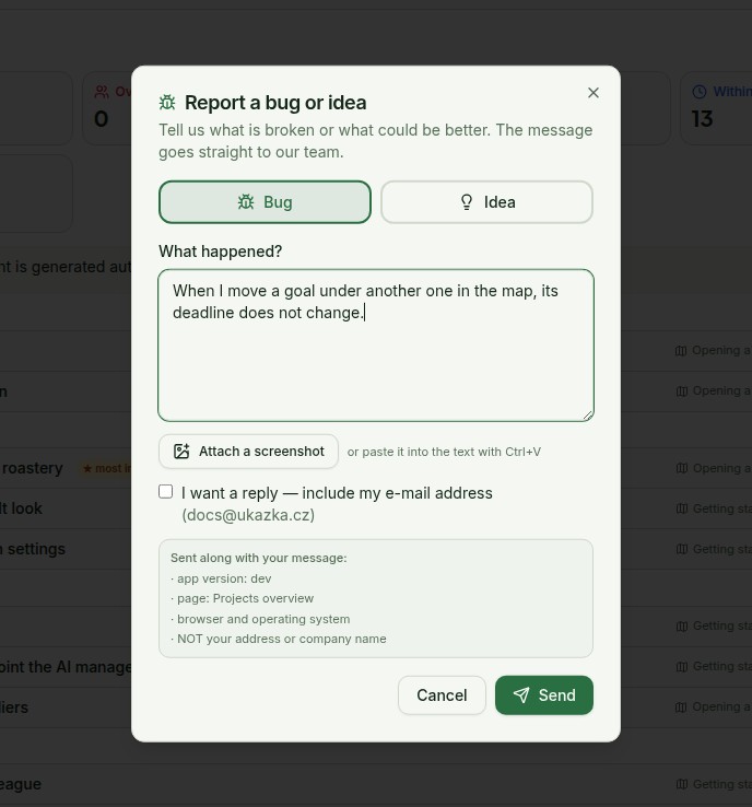 Report a bug or idea dialog: Bug/Idea switch, a text field and the list of what will be sent
