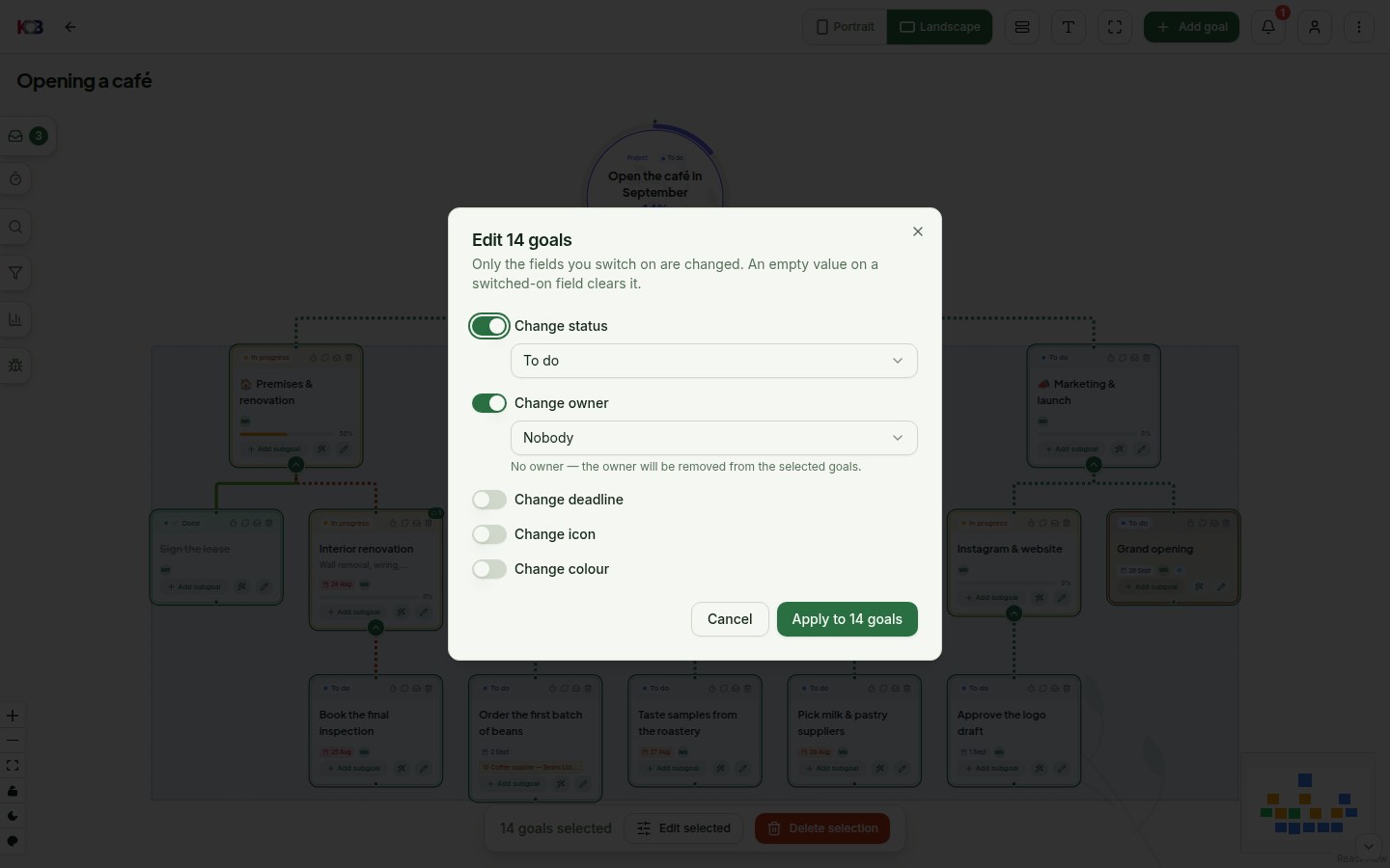 A map with several goals selected and the Edit 14 goals dialog with a switch next to each field