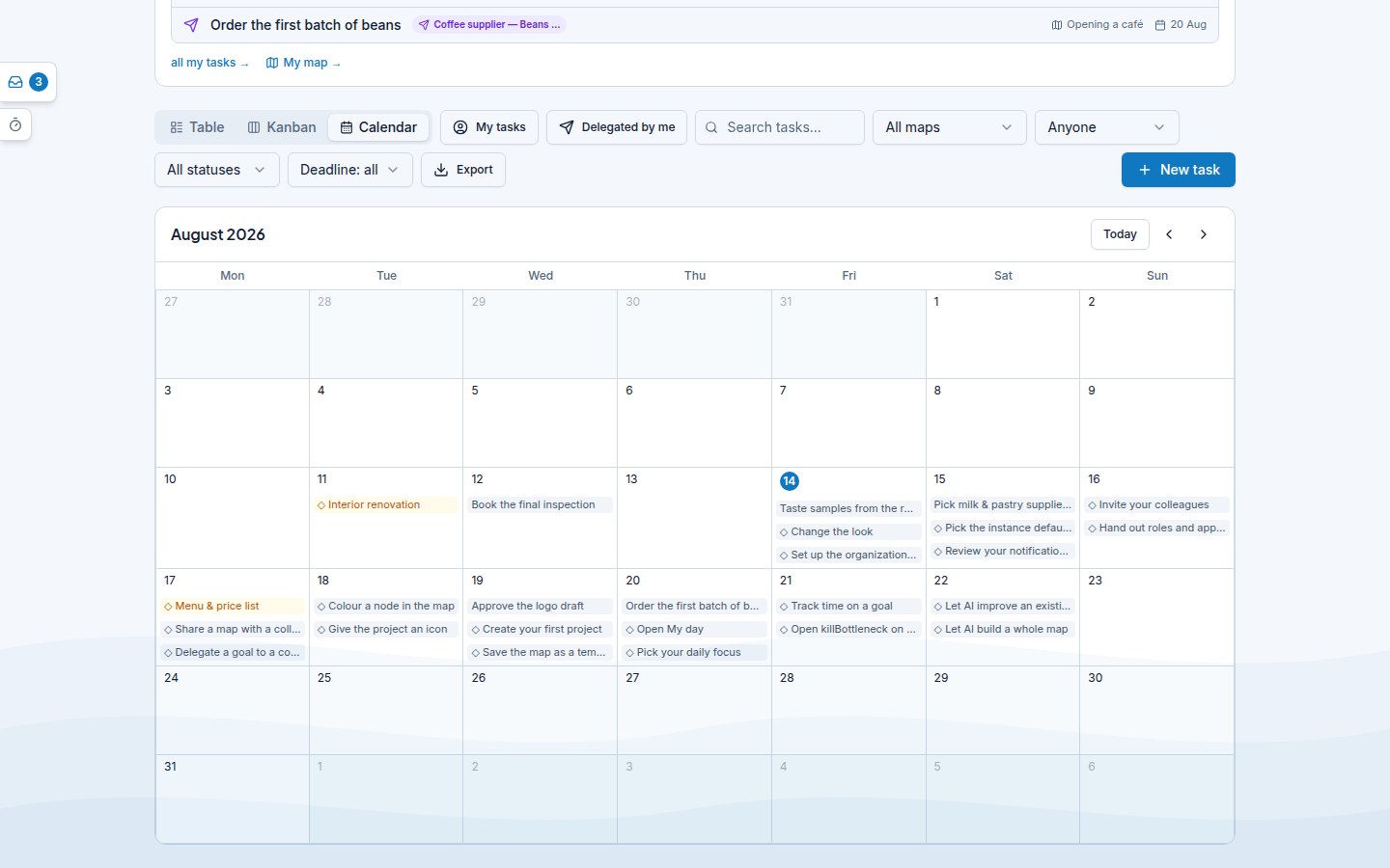 The Tasks page in the Calendar view: tasks laid out over the days of the month