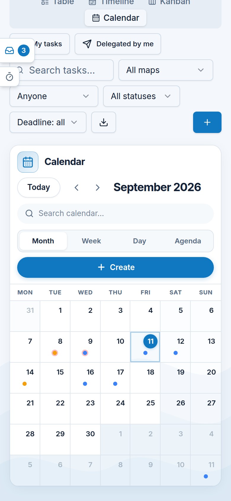 The calendar on a phone: a month grid fitting the screen with dots by status