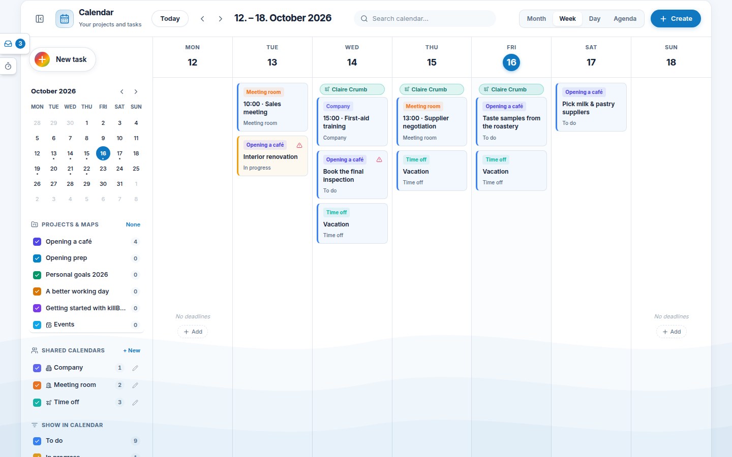 Calendar in Week view: meeting-room bookings, a training from the company calendar and the Who is away band above the day columns with a colleague's vacation; the Shared calendars section with colors on the left