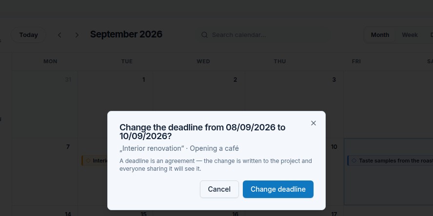 The dialog after dragging a chip in the calendar: Change the deadline from one date to another? with Cancel and Change deadline buttons