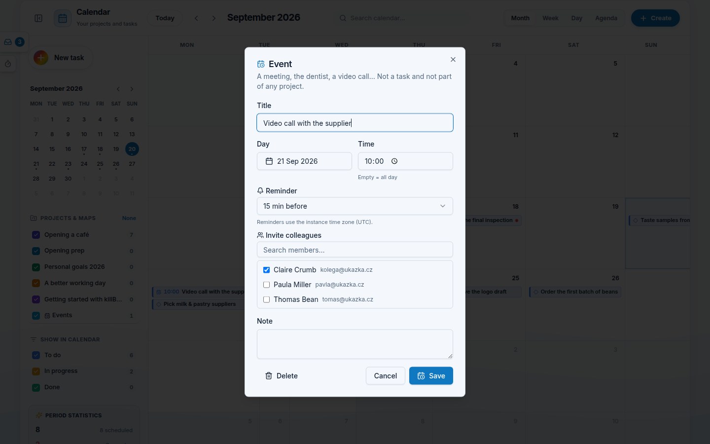 The Event dialog over the calendar: title Video call with the supplier, day and time 10:00, reminder 15 min before, an invited colleague ticked and a note; behind it the calendar chip with the time before the title
