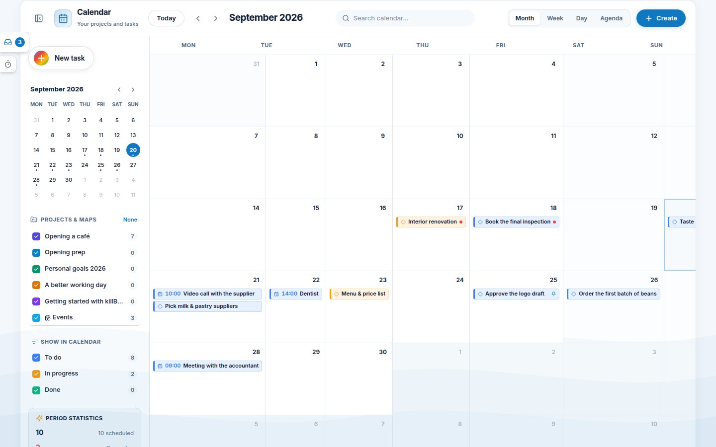 Month view with three events showing the time before the title, the Events row with a count of 3 in the left filter; one task chip carries a bell for a deadline reminder