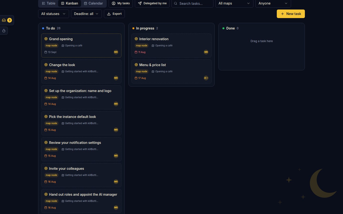 The Tasks page in the Kanban view: status columns with task cards