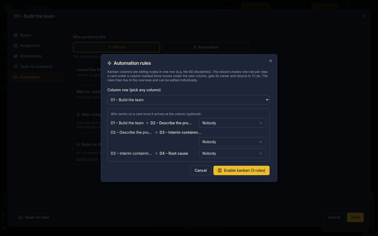 The Enable kanban wizard: a selected row of 8D disciplines, steps D1 → D2 → D3 → D4 and a person picker for each column