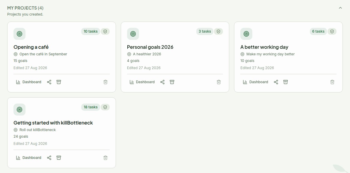 The My projects section with three cards; the main goal sits under each project name in smaller type