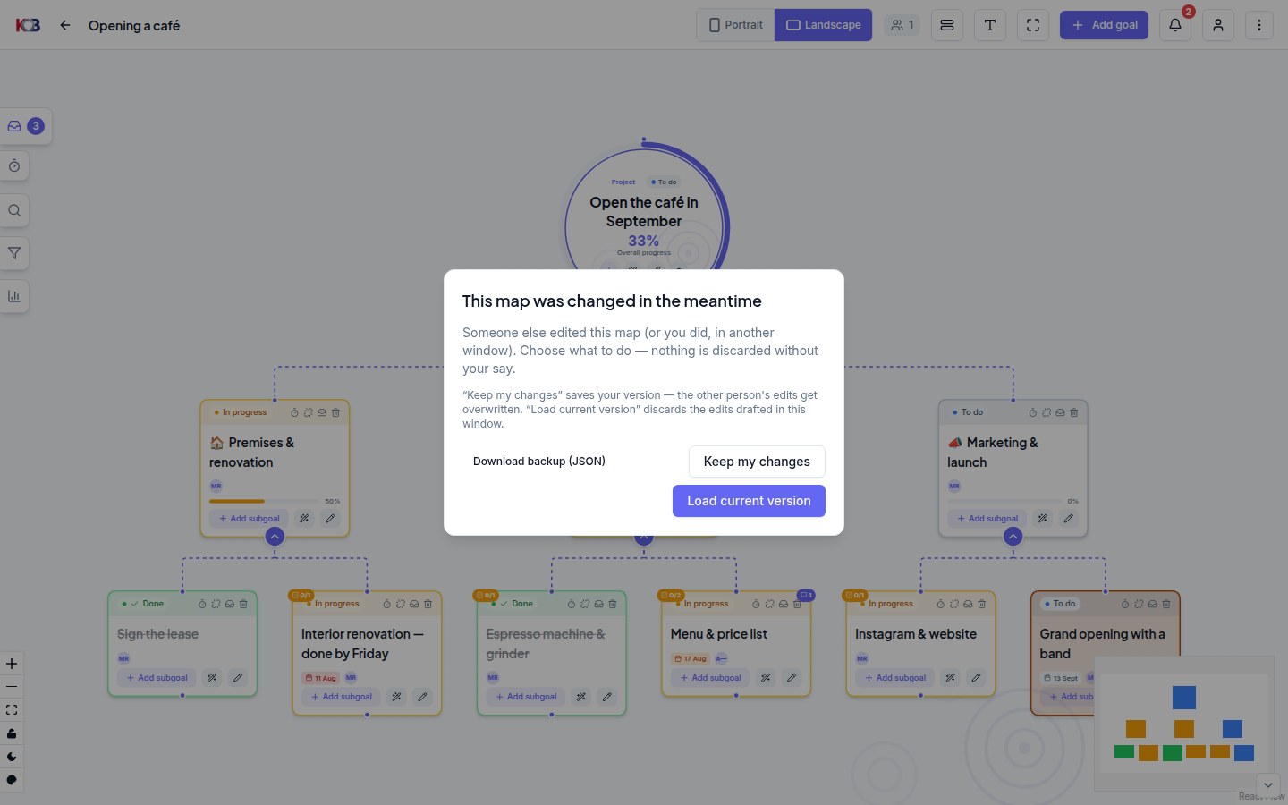 The 'This map was changed in the meantime' dialog with three buttons: Download backup (JSON), Keep my changes and Load current version