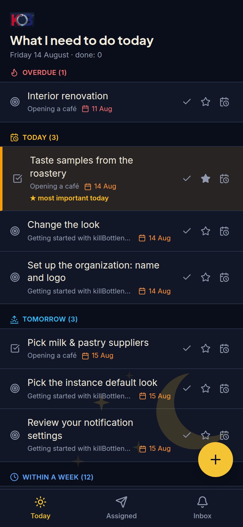 The simplified view: the What to do today list with Overdue, Today, Tomorrow sections and a floating plus button