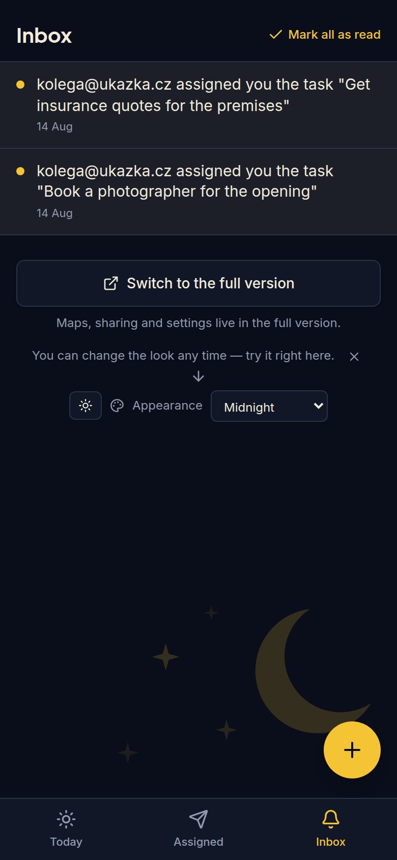 The Inbox screen of the simplified view with two notifications about assigned tasks