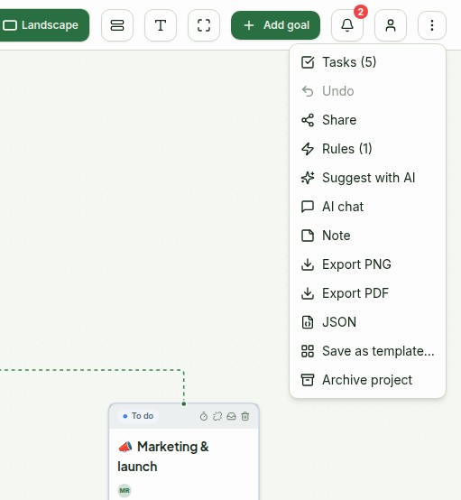 The More actions menu over the map: PNG, PDF and JSON exports, save as template, archive