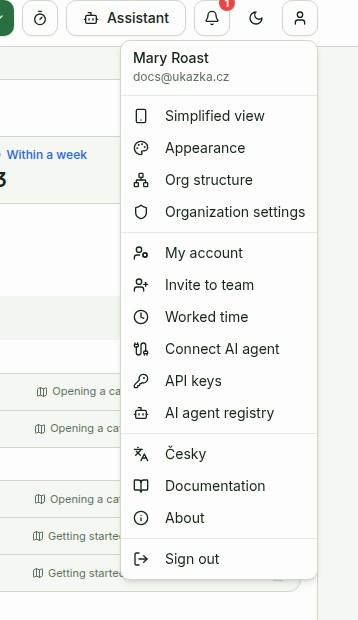 The opened user menu: name and e-mail, Simplified view, Appearance, Org structure, Organization settings, My account, Invite to team, Worked time, Connect AI agent, API keys, AI agent registry, Česky, Documentation, Report a bug or idea, About, Sign out