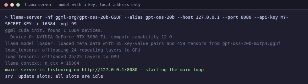 A terminal window with the llama-server command using --host 127.0.0.1 and --api-key, the model loading onto the GPU and the green line server is listening on http://127.0.0.1:8080