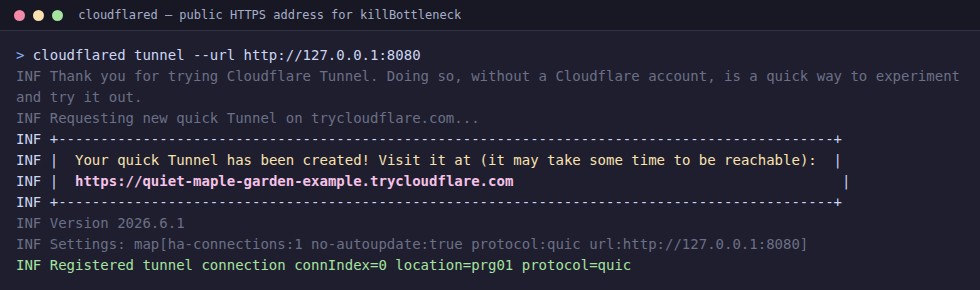A terminal window with the cloudflared tunnel --url command and the output Your quick Tunnel has been created with a generated https://….trycloudflare.com address