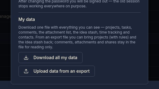 The My account dialog, My data section with the Download all my data and Upload data from an export buttons