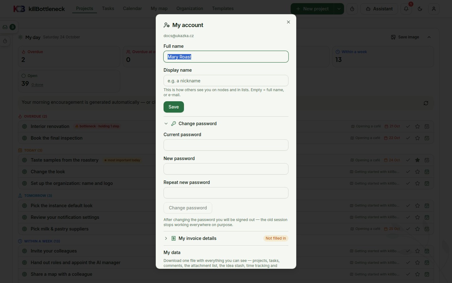 The My account dialog: the Full name and Display name fields with a Save button, the expanded Change password with three fields and the Change password button, the My data section with the Download all my data and Upload data from an export buttons