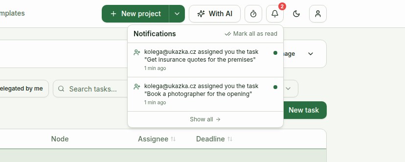The opened header bell with two notifications about newly assigned tasks