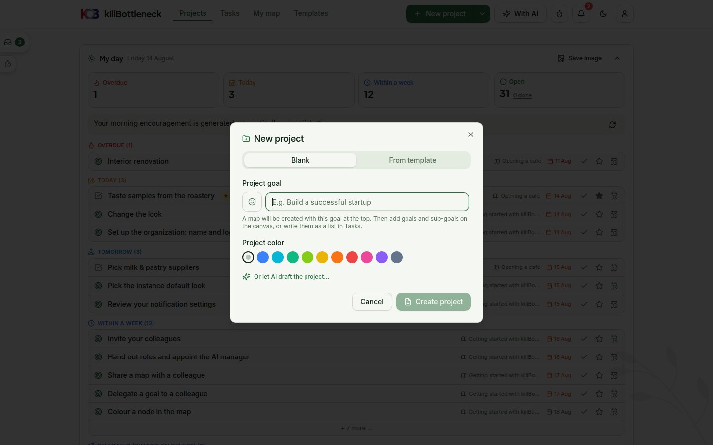 The New project dialog on the From template tab: template picker and the start date