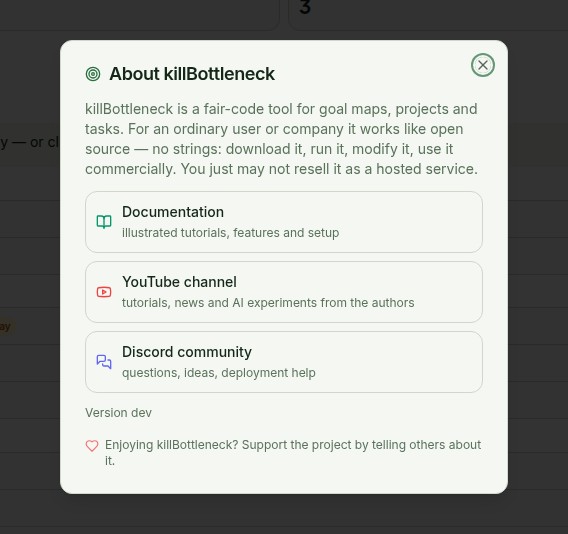 The About killBottleneck dialog: the fair-code license description, the Documentation, YouTube channel and Discord community cards, the version line