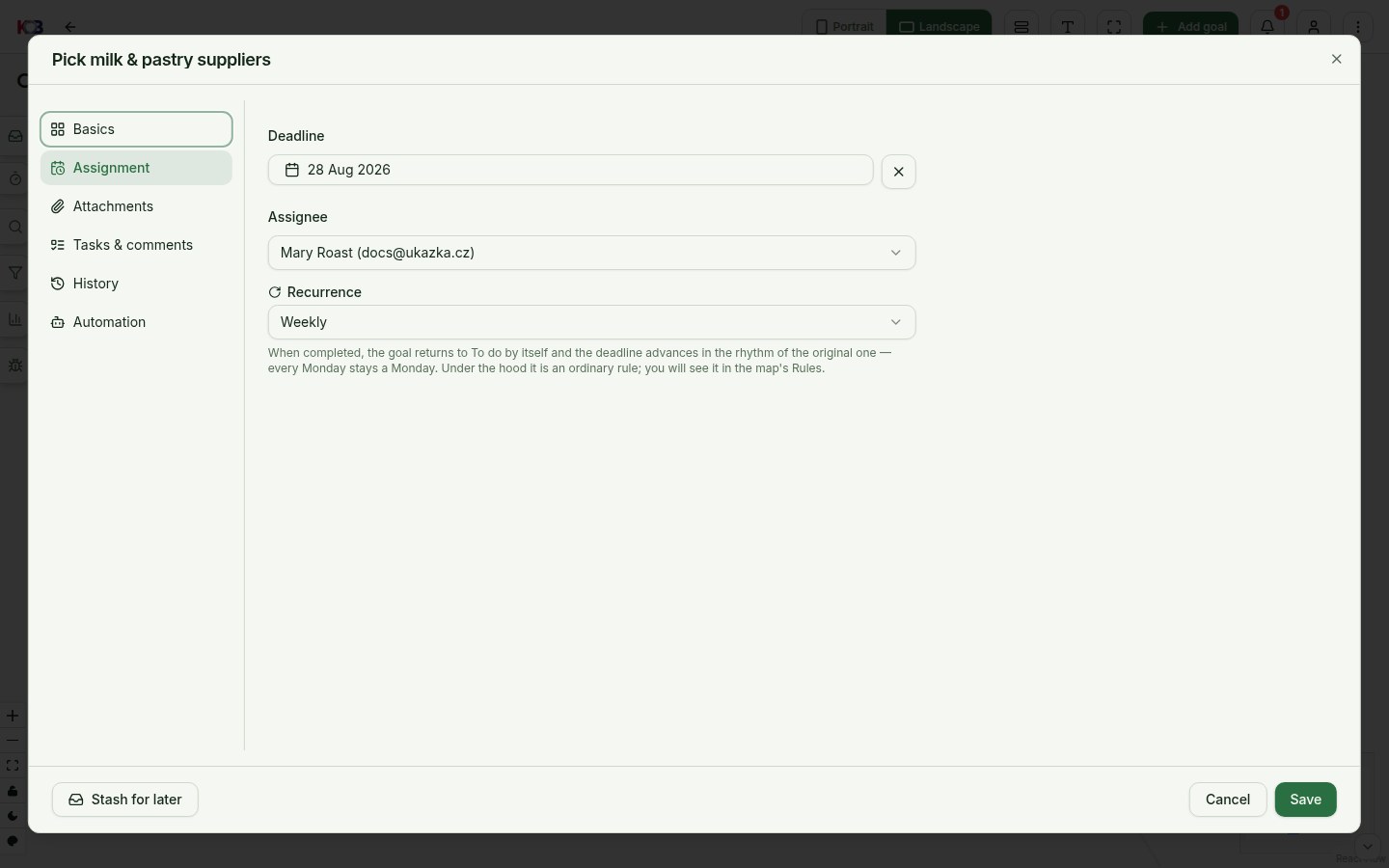 Goal detail, Assignment category: the Recurrence switch set to Weekly with the rhythm explained