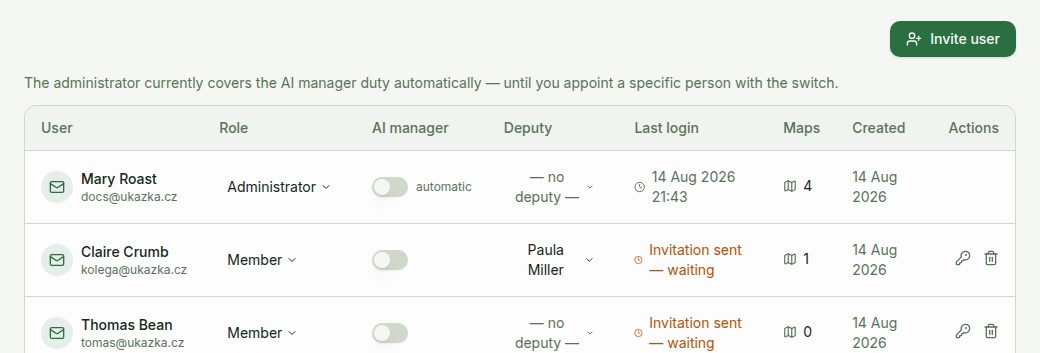 The Org structure and deputies section in Organization settings: an indented position hierarchy, holder and deputy selects, add and remove buttons