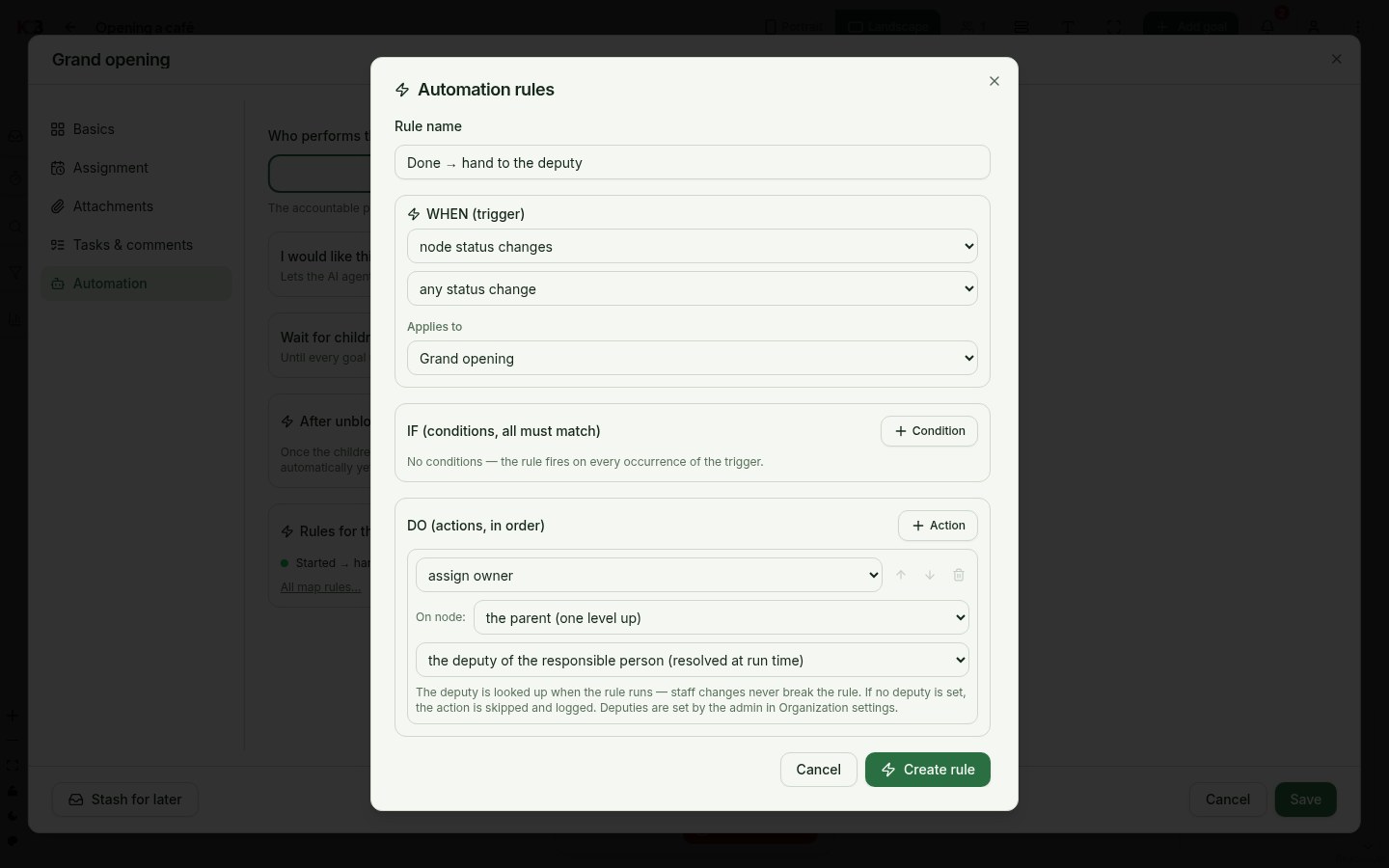 Rule builder: a status-change trigger and an assign action with On node: the parent and the dynamic target deputy of the responsible person