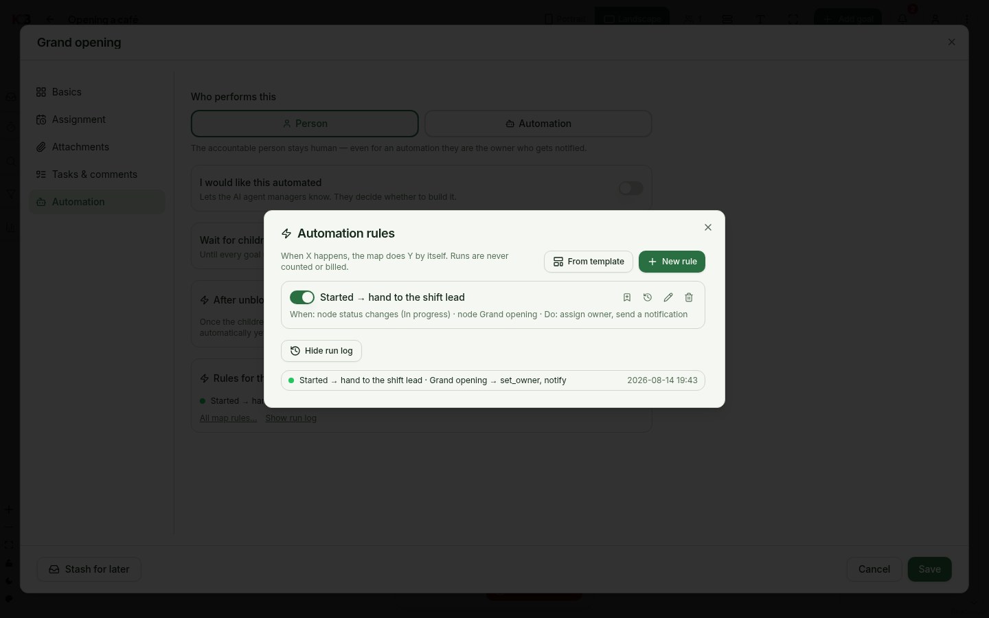 The rules overview with the run log open: a green ok row with the executed set_owner and notify actions