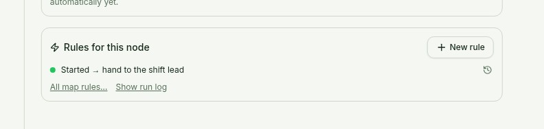 The Rules of this node panel in the Automation category: green dot of an enabled rule, clock icon for the run log and the New rule button