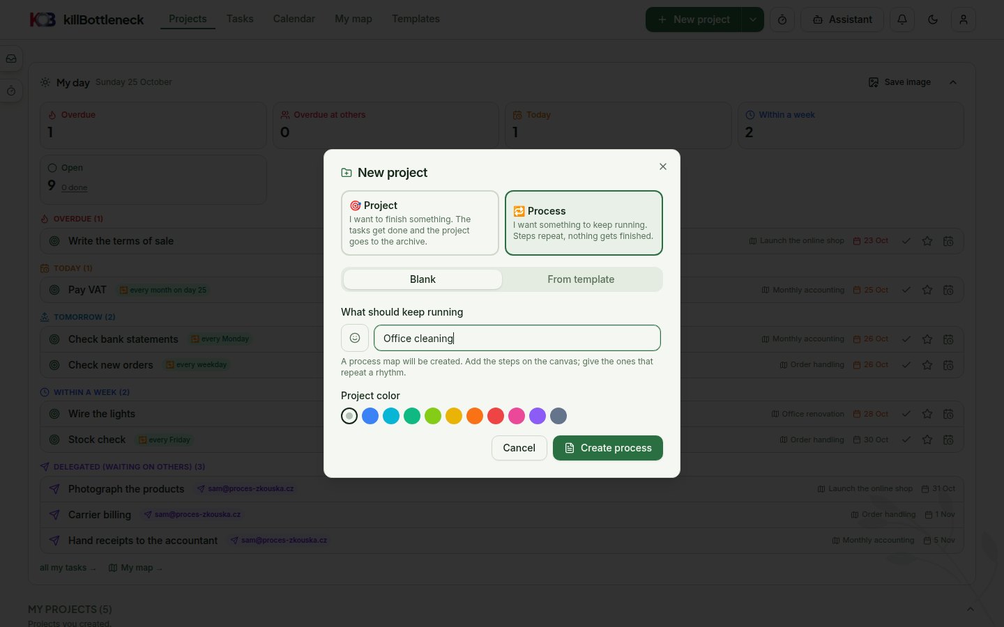 New project dialog: Project and Process tiles at the top, Process selected, the field What should keep running with the example Office cleaning and the Create process button