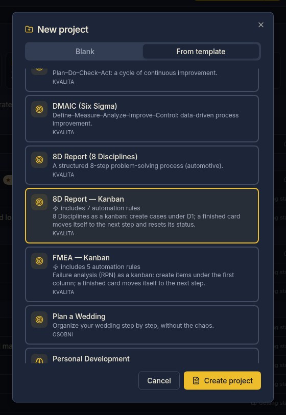The New project dialog, From template tab: the 8D Report — Kanban template selected with the includes 7 automation rules badge