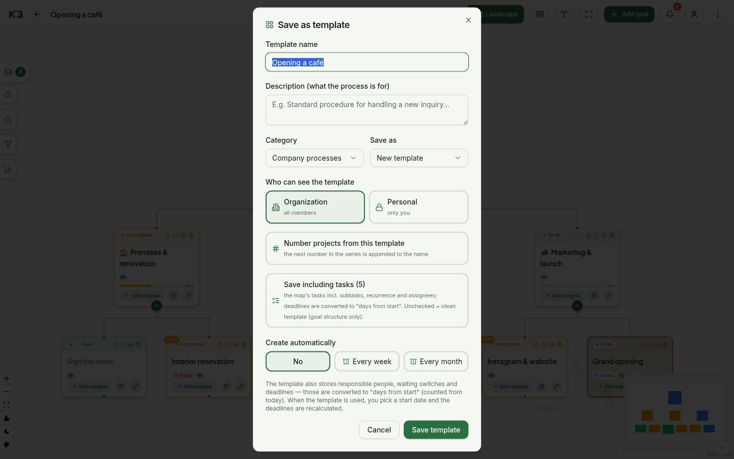 The Save as template dialog: name, description, category, visibility, numbering, tasks and automatic creation