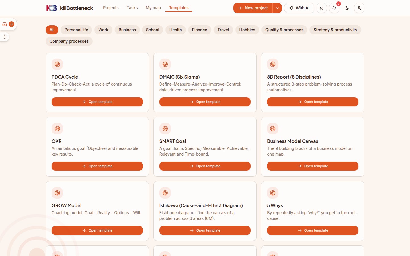 The template gallery: categories on top, template cards with an Open template button