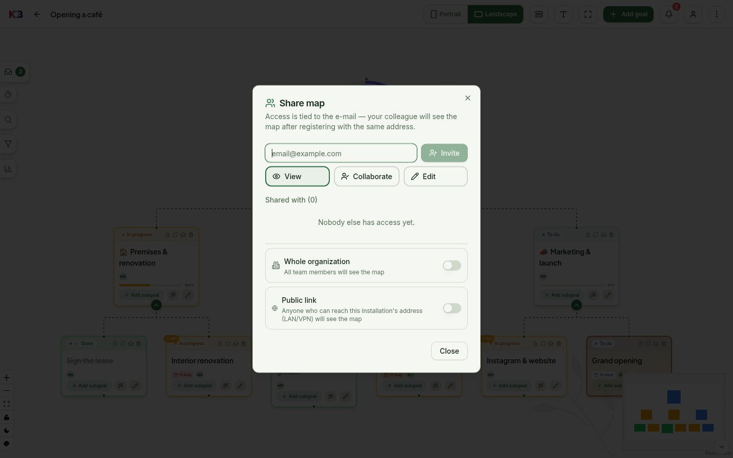 The Share map dialog: e-mail invites with Read/Edit rights, organization sharing and a public link