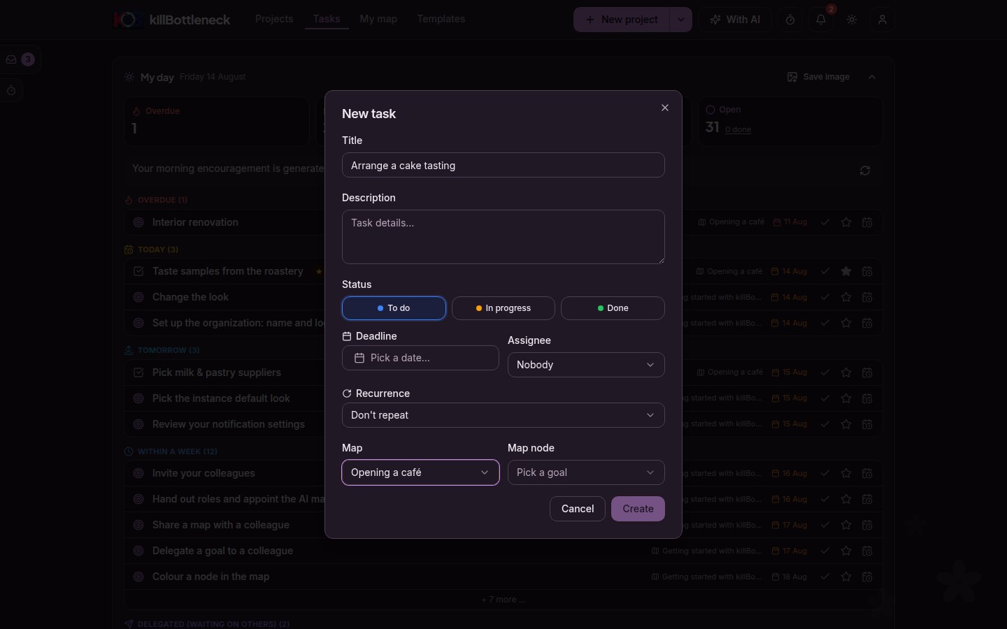 The task dialog with a mandatory goal picker: the Map and Map node fields with a specific goal selected