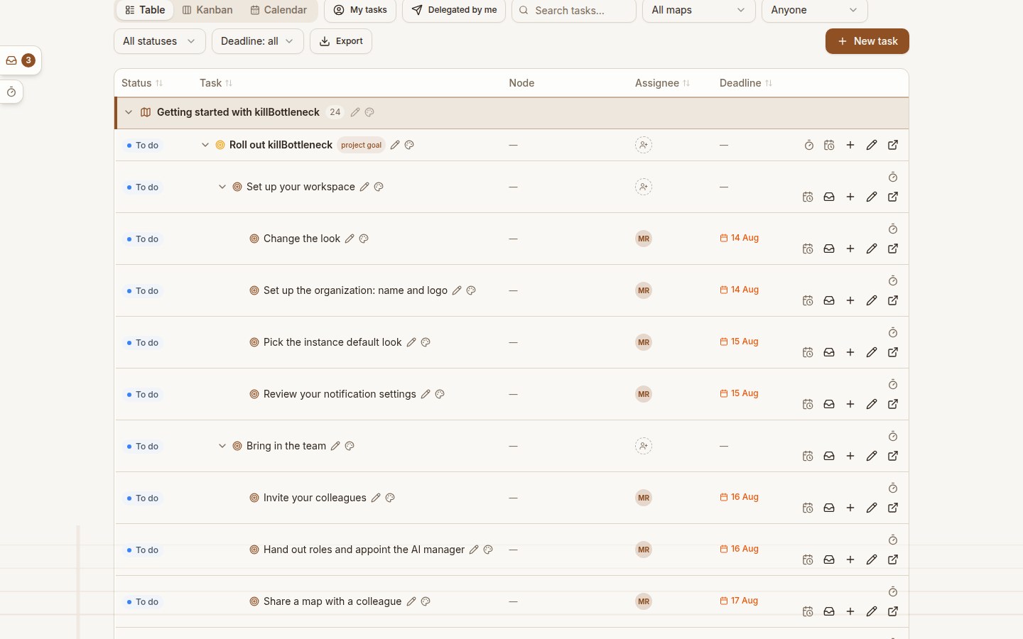 The Tasks page: table view grouped by project and node, with status, assignee and deadline columns
