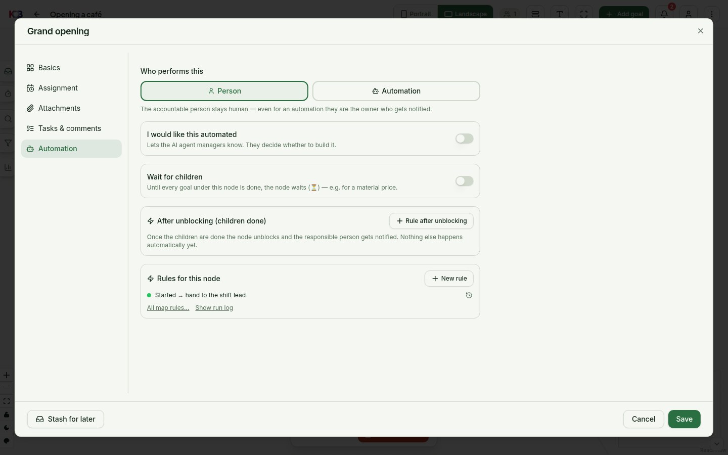 Goal window with the Automation category: who performs it, wait for children, after unblocking and rules of this node