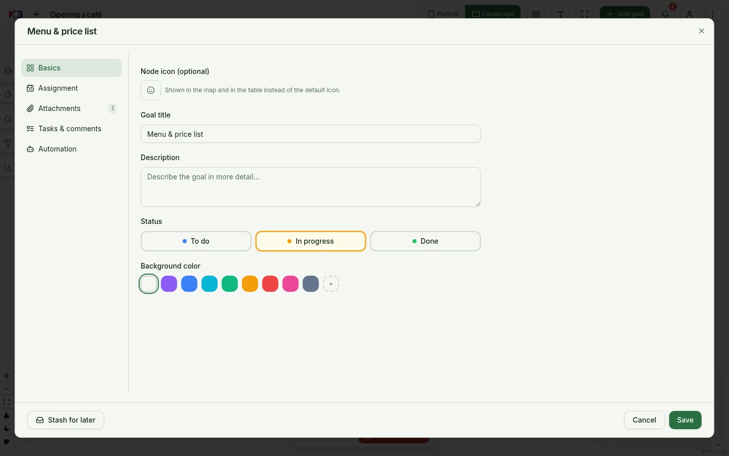 The goal detail scrolled to Attachments: a linked Google Docs document and an Add link button, plus a comment thread