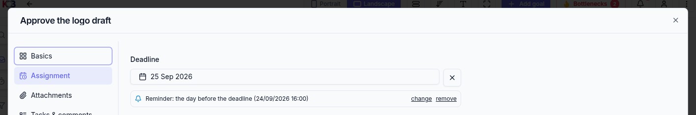 Task detail, Assignment tab: the Deadline field and under it the row Reminder: the day before the deadline with the date and 16:00, plus change and remove links