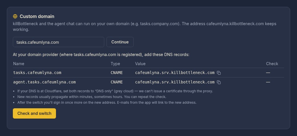 A table of two CNAME DNS records for tasks.cafeumlyna.com and agent.tasks.cafeumlyna.com with a copy icon and a Check and switch button