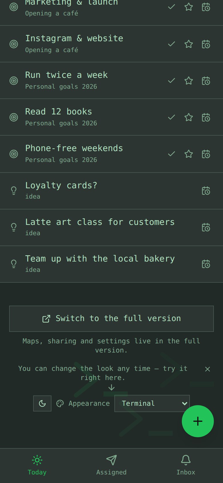 Simplified view on a phone in the Terminal skin: the Appearance picker open in the footer